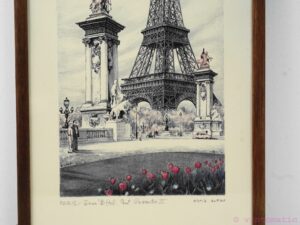 Two vintage signed Lithographs by Rafael Ortiz Alfau, the Eiffel Tower